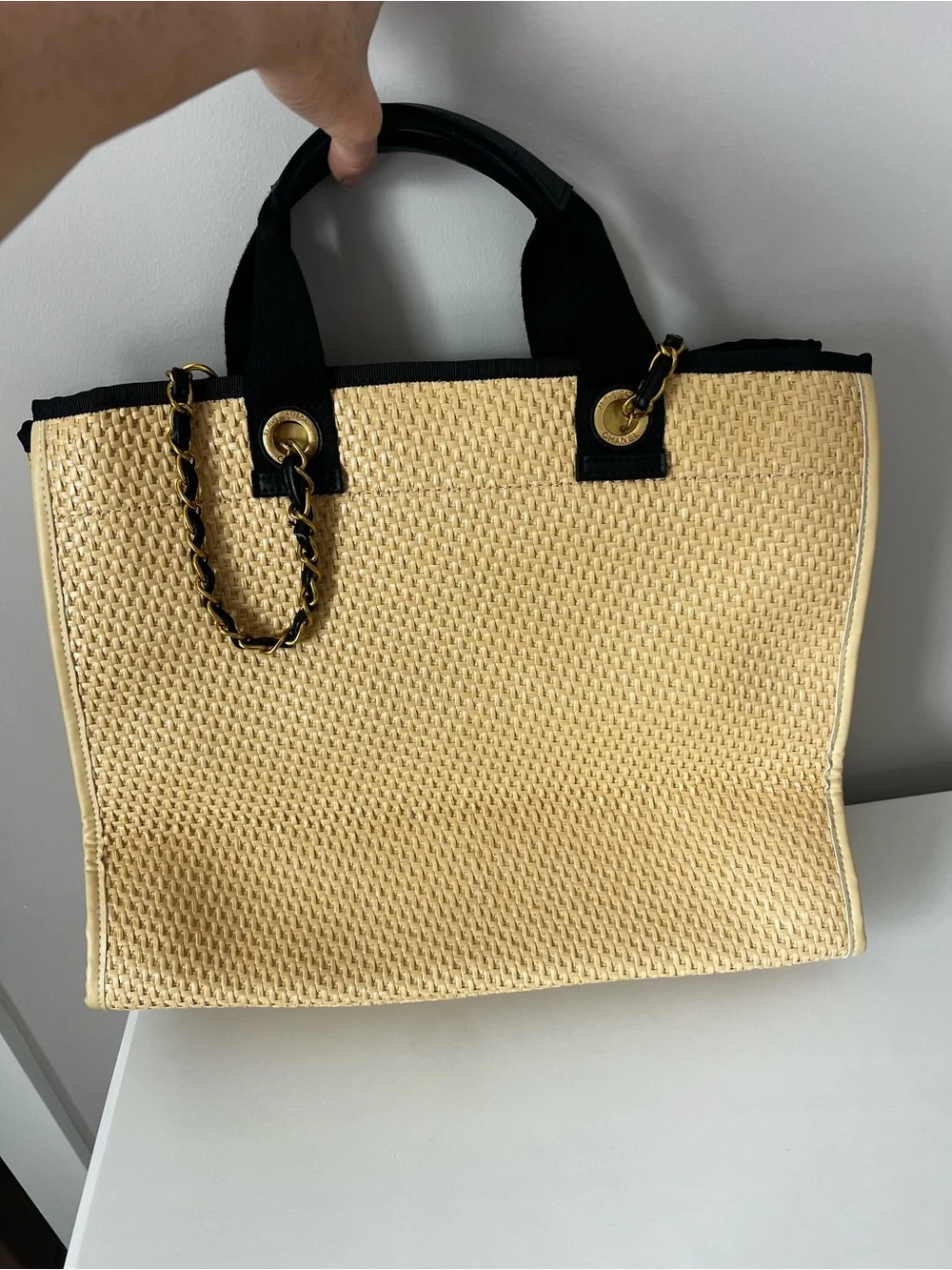 Black and Natural Woven Tote Bag - Classic Straw Shoulder Tote
